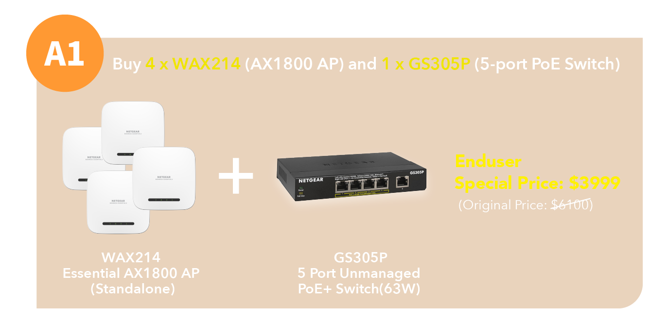 NETGEAR (WAX214)</P>雙頻 AX1800 WiFi 6 Essential AP | 1G PoE