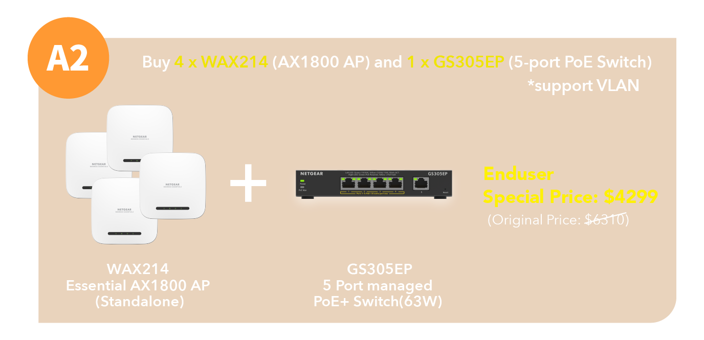 NETGEAR (WAX214)</P>雙頻 AX1800 WiFi 6 Essential AP | 1G PoE
