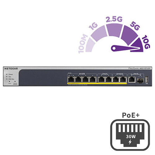 <b>NETGEAR (MS510TXPP)</b><br>8埠 多千兆智能網管PoE+ 交換機 | 4x1G | 2x2.5G | 2x5G (8xPoE+ 180W) | 1x10G | 1xSFP+