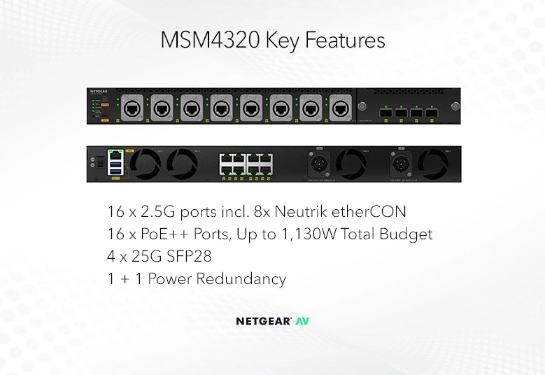 <b>NETGEAR M4350-16M4V (MSM4320)</b><br> | 16x 2.5G PoE++(530W基座,高達1,130W) | 包括8x Neutrik etherCON | 4xSFP28 25G網管交換機
