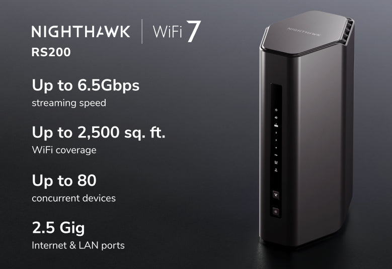 <b>Nighthawk (RS200)</b> <br>雙頻 BE6500 WiFi 7 路由器<br><font color="blue">送$50 超市現金券</font><br><p style="color:#FF3EFF;">新低價</p>