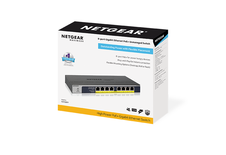 <b>NETGEAR (GS108PP)</b><br>8埠 千兆非網管 PoE+ 交換機 | 8x1G PoE+ 123W | FlexPoE
