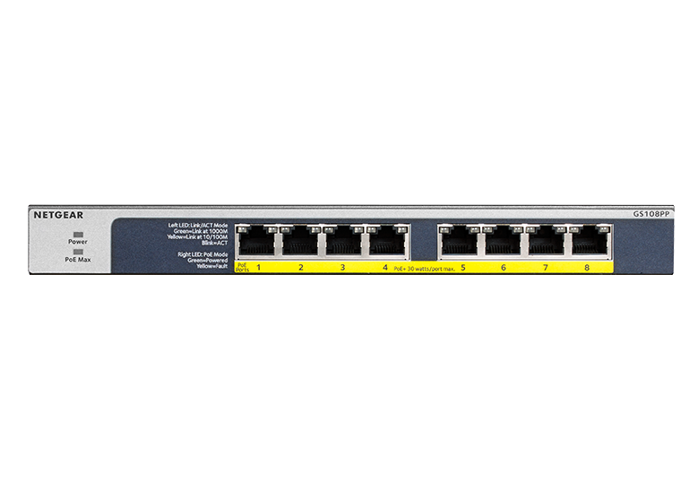 <b>NETGEAR (GS108PP)</b><br>8埠 千兆非網管 PoE+ 交換機 | 8x1G PoE+ 123W | FlexPoE