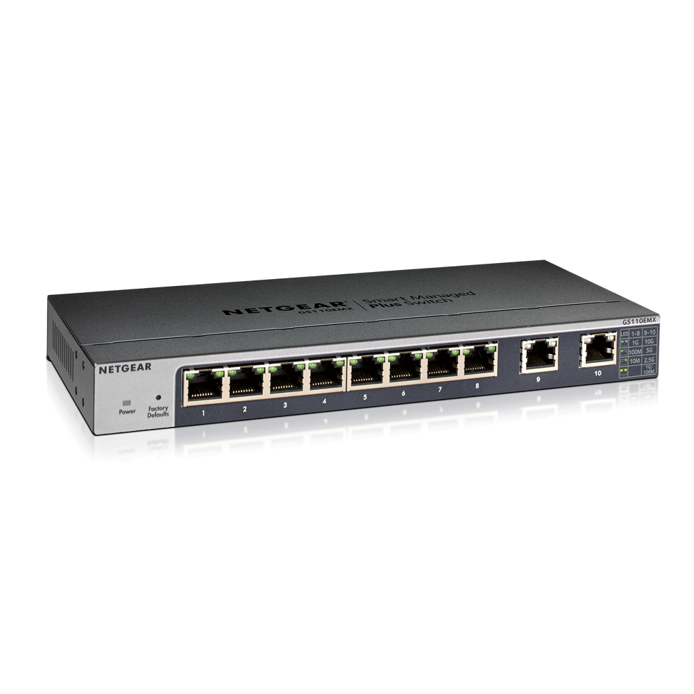 <b>NETGEAR (GS110EMX)</b><br>10埠 千兆智能網管Plus 交換機(2x10G/Multi-Gig) | 8x1G | 2xMulti-Gig Ports (100M/1G/2.5G/5G/10G) | Plus