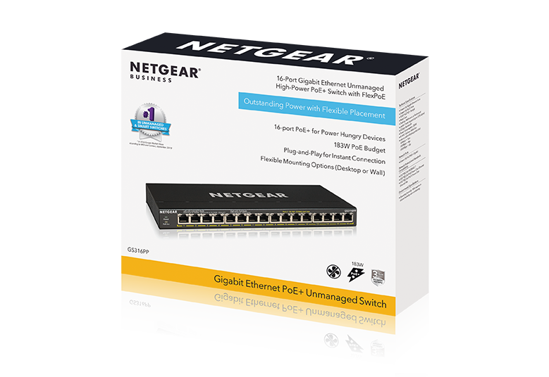 <b>NETGEAR (GS316PP)</b><br>16埠 千兆非網管PoE+ 交換機 | 16x1G PoE+ 183W | FlexPoE