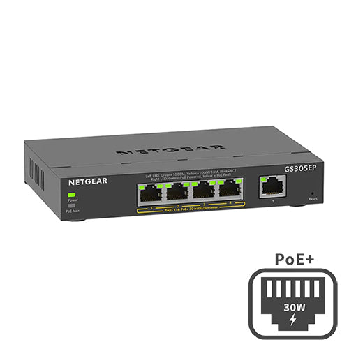 <b>NETGEAR (GS305EP)</b><br>5埠 千兆智能網管Plus 交換機(PoE+) | 4xPoE+ 63W | Plus