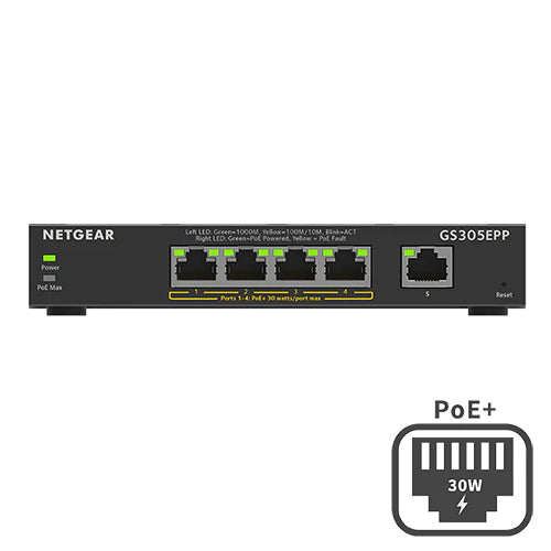 <b>NETGEAR (GS305EPP)</b><br> 5埠 千兆智能網管Plus 交換機(PoE+) | 4xPoE+ 120W | Plus