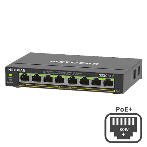 <b>NETGEAR (GS308EP)</b><br> 8埠 千兆智能網管Plus 交換機(PoE+) | 8x1G PoE+ 62W | Plus