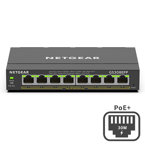 <b>NETGEAR (GS308EPP)</b><br>8埠 千兆智能網管Plus 交換機(PoE+) | 8x1G PoE+123W | Plus
