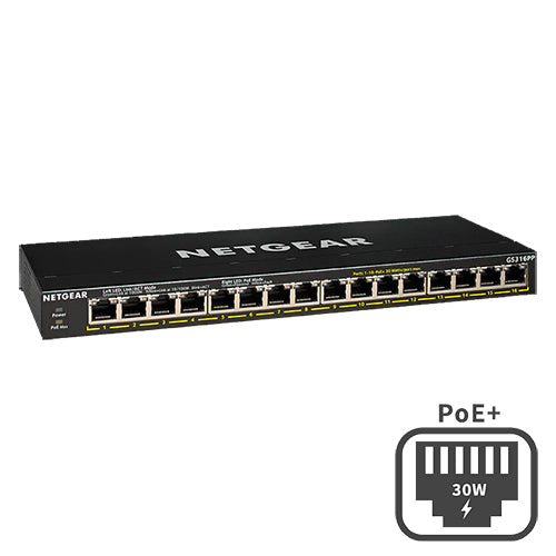 <b>NETGEAR (GS316PP)</b><br>16埠 千兆非網管PoE+ 交換機 | 16x1G PoE+ 183W | FlexPoE