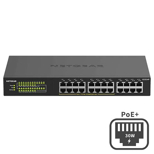<b>NETGEAR (GS324P)</b><br> 24埠 千兆非網管PoE+ 交換機 | 16xPoE+ 190W