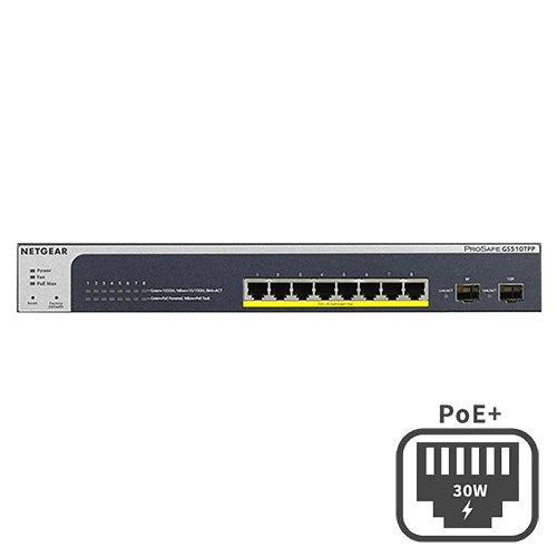 <b>NETGEAR (GS510TPP)</b><br>8埠 千兆智能網管PoE+ 交換機 | 8x1G PoE+ 190W | 2xSFP | Smart
