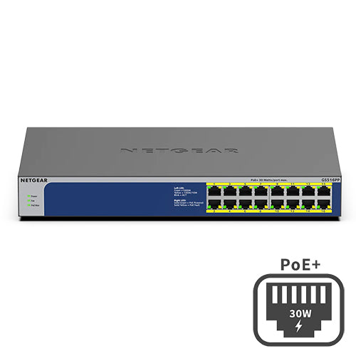 <b>NETGEAR (GS516PP)</b><br>16埠 千兆非網管PoE+ 交換機 | 16x1G PoE+ 260W