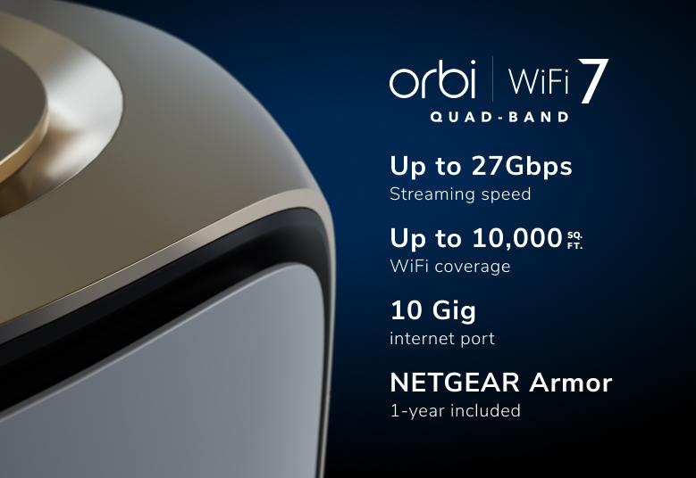 Orbi 970系列四頻WiFi 7Mesh系統，白色，27Gbps (3件裝)，贈送 1年NETGEAR Armor (RBE973S)