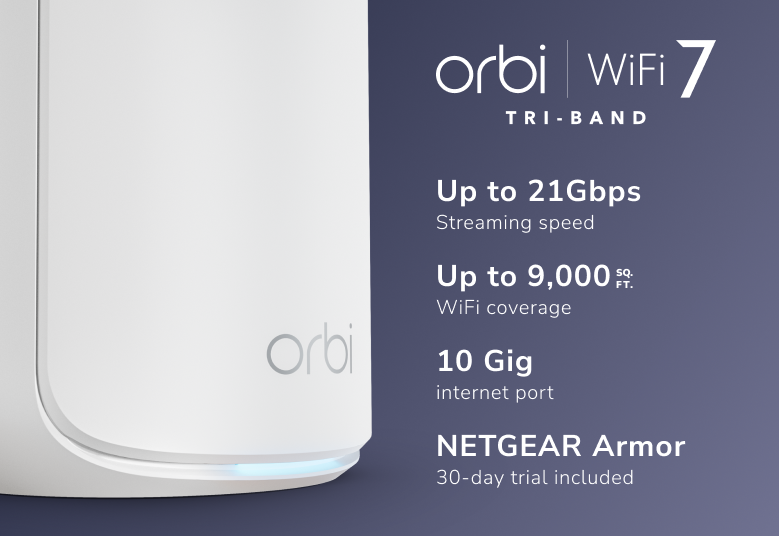 NETGEAR Orbi (RBE873) 三頻 BE21000 WiFi 7 Mesh 無線系統<br>(3件裝, 1主機+2分機)