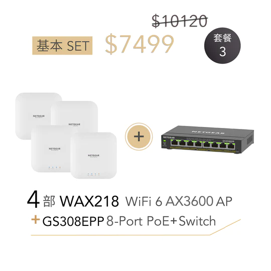 <b>WiFi 6 Essential Package B1:</b> <br>WAX218x4pcs +GS308EPPx1pcs