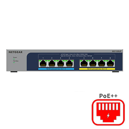 <b>Multi-Gigabit PoE++ Ethernet Unmanaged <br>(MS108UP)</b> <br>8x1G/2.5G | PoE+ (1-4) 230W | PoE++ (5-8)